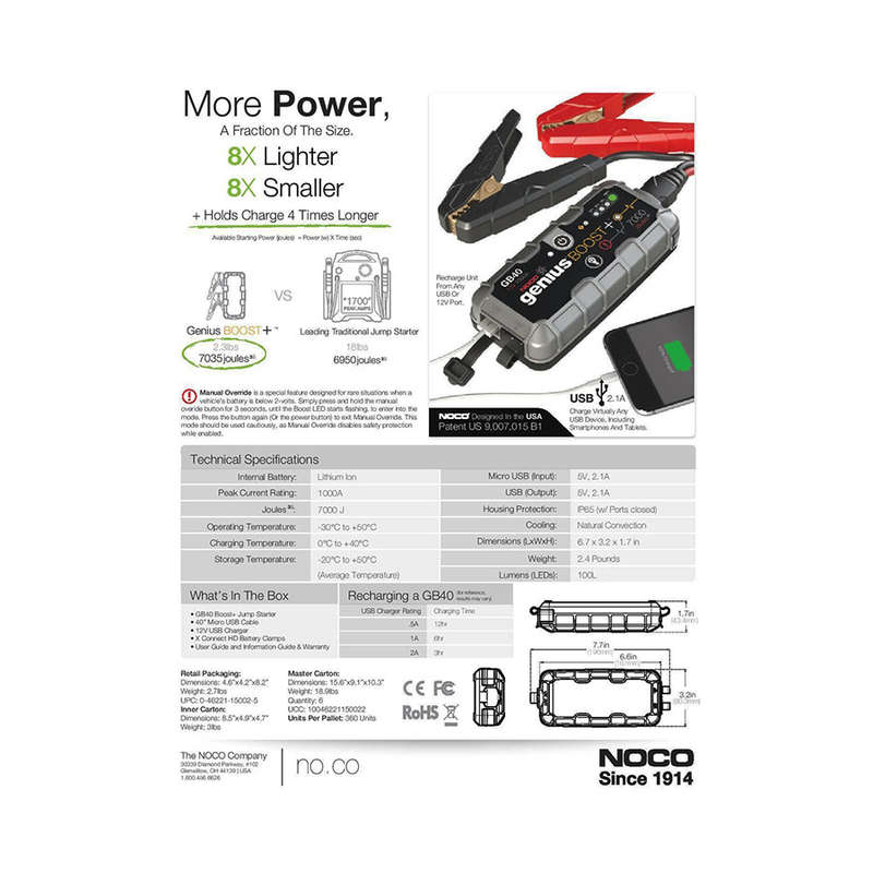 NOCO Genius GB40 Boost Plus 1000A 12v Ultrasafe Lithium Jump Starter