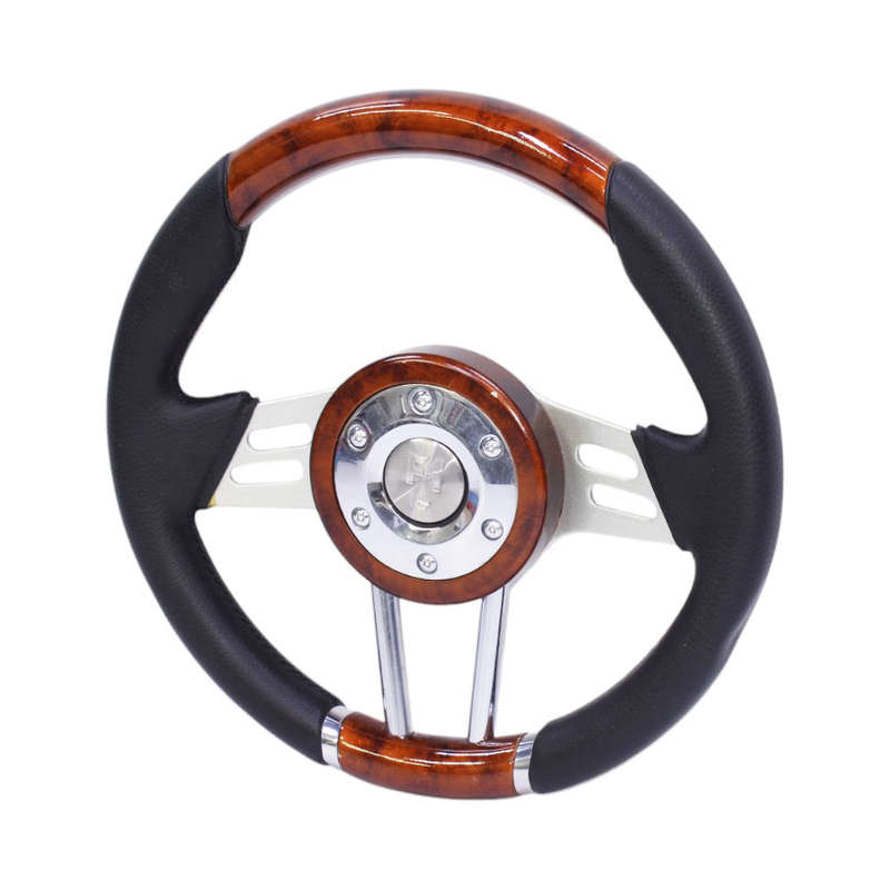 JJ-Racing Steering Wheel - Chrome &amp; Woodgrain with Black Vinyl Leather Finish