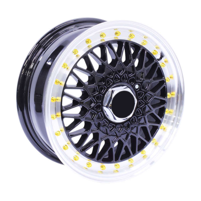 14" S046 4/100 &amp; 4/114 Gloss Black Machine Lip with Gold Rivets Alloy Wheels