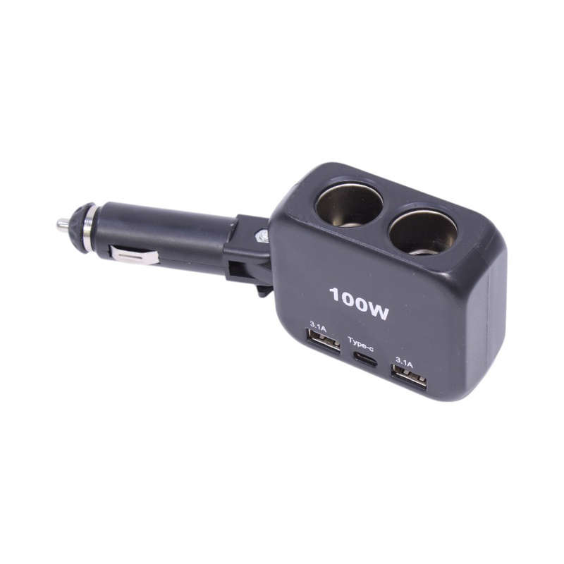 100W Dual Socket &amp; USB Car Charger with Type-C and Blue LED  3.1A Output, 12V-24V