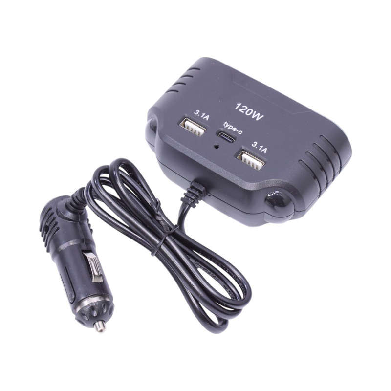 120W In-Car Charger with 3 Sockets, Dual USB &amp; Type-C  12V/24V Output, 3.1A Max