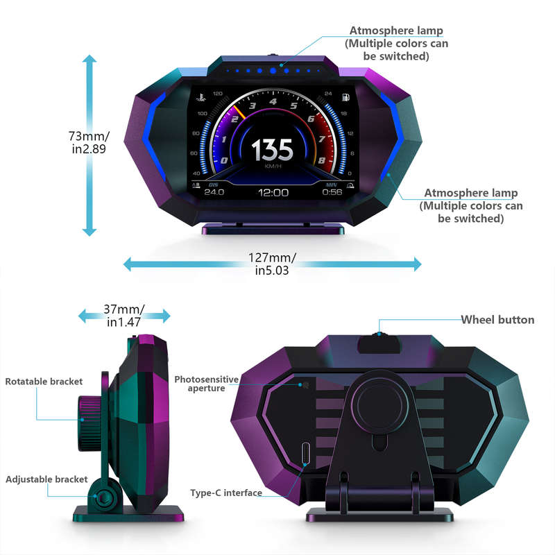 OBDH-P24 Smart Digital HUD Display with OBD2 + GPS + Accelerometer &amp; Slope Sensor  12 UI, ...