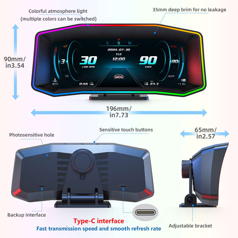 P4 OBD2 HUD Display With GPS  6.2" LCD, Multi-Color Atmosphere Light, Diagnostic &amp; Driving...