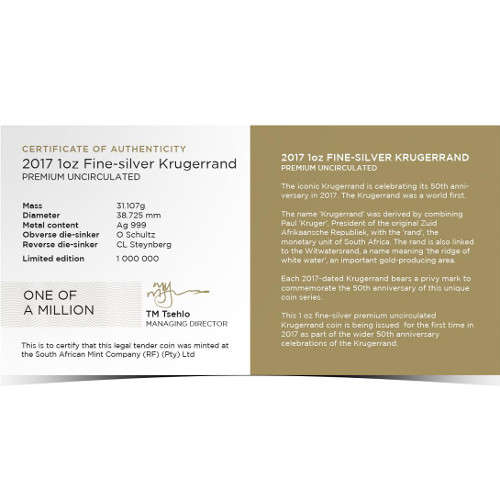 2017 Premium Limited Mintage 50th anniversary privy mark COA velvet case UC Silver Krugerrand