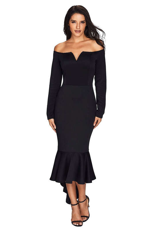 Black Off Shoulder Long Sleeve Mermaid Dress - Black / (US 16-18)XL