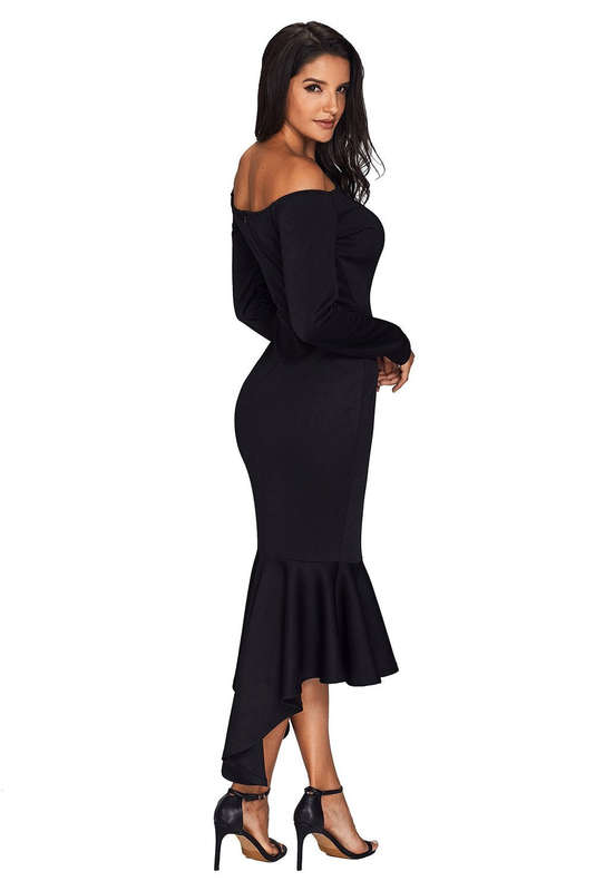 Black Off Shoulder Long Sleeve Mermaid Dress - Black / (US 16-18)XL