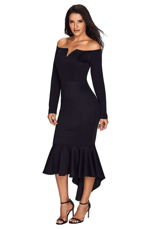 Black Off Shoulder Long Sleeve Mermaid Dress - Black / (US 16-18)XL