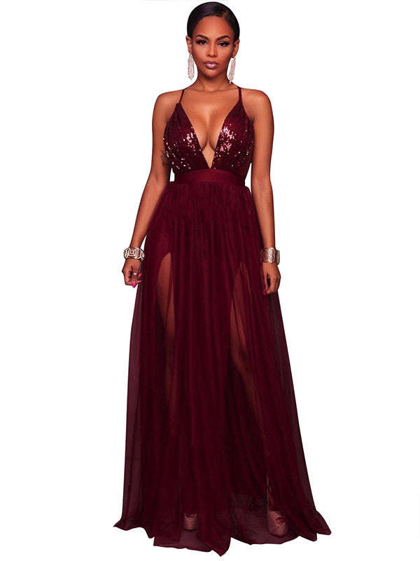 Sexy V-Neck Gauze Sequined Strap Dress - M