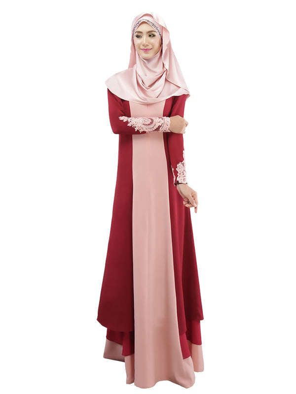 Muslim Color Block Embroidery Long Dress - M / Azure