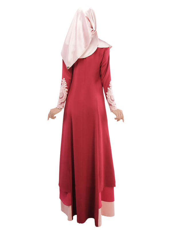 Muslim Color Block Embroidery Long Dress - M / Azure
