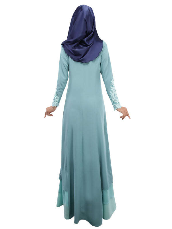 Muslim Color Block Embroidery Long Dress - M / Azure