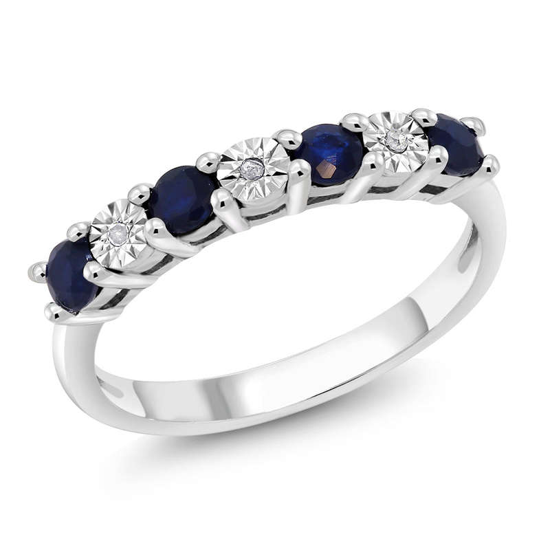 Diamond Ring  925 Sterling Silver 0.029 Cttw Round Sapphire & White Diamond Engagement... - 7 / Blue