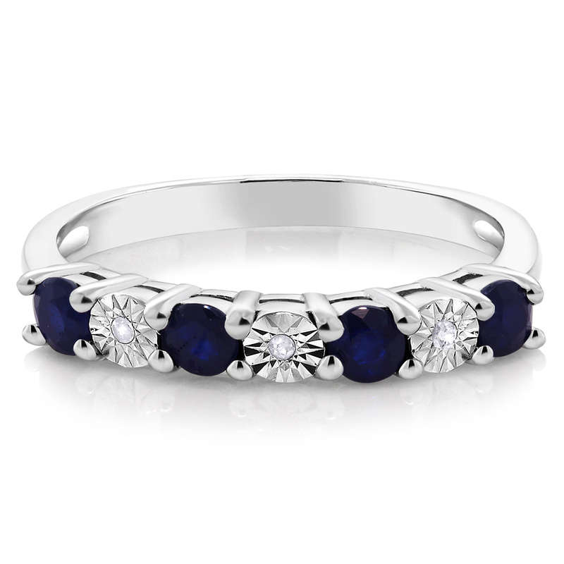 Diamond Ring  925 Sterling Silver 0.029 Cttw Round Sapphire & White Diamond Engagement... - 7 / Blue