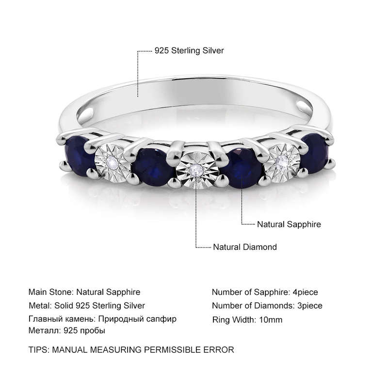 Diamond Ring  925 Sterling Silver 0.029 Cttw Round Sapphire & White Diamond Engagement... - 7 / Blue