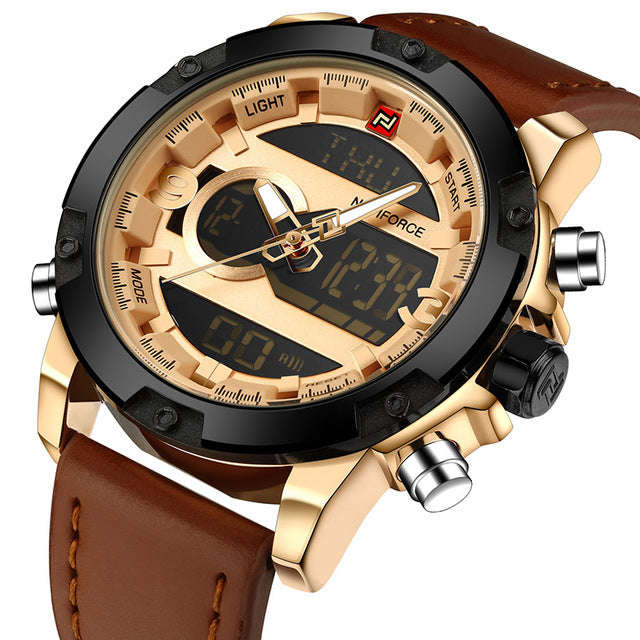 NAVIFORCE Luxury Brand Men Analog Digital Leather Sports Watches Men's Army M... - Glod Black Yellow