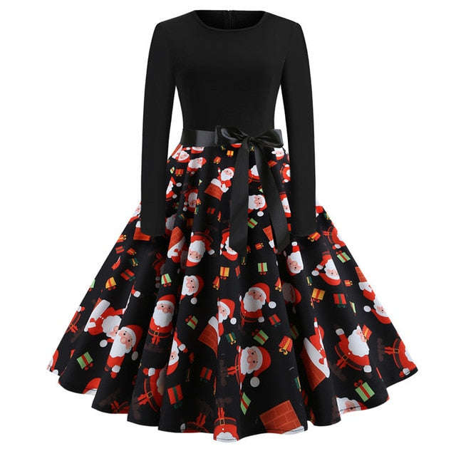 Winter Christmas Dresses Women 50S 60S Vintage Robe Swing Pinup Elegant Party Dress Lon... - 009 / M