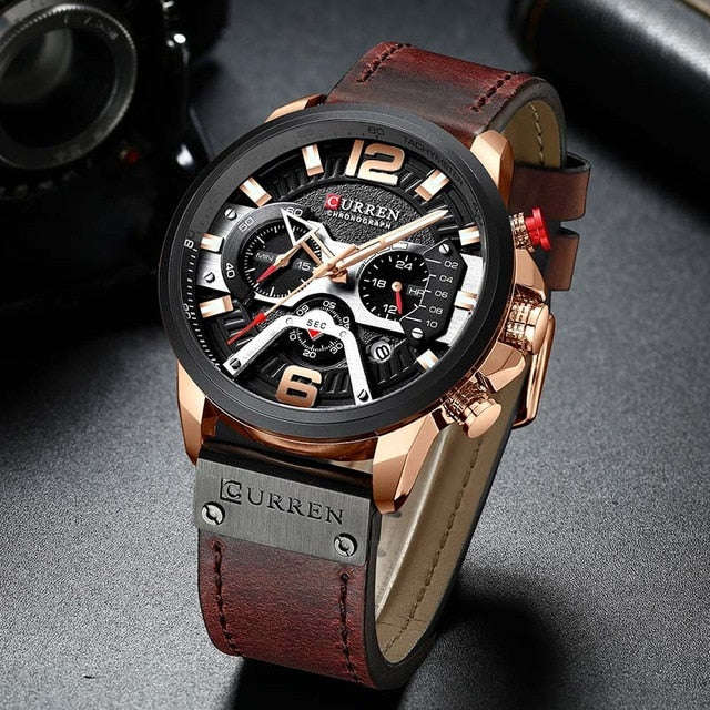 Curren Mens Watches Top Brand Luxury Chronograph Men Watch Leather Luxury Waterp... - Red Rose Black