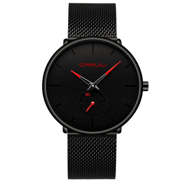 Crrju Fashion Mens Watches Top Brand Luxury Quartz Watch Men Casual Slim Mesh Steel W... - black red