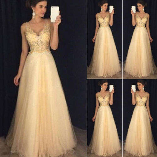 2019 Sexy Women Formal Wedding  Evening Party Ball Prom Gown Long Club Wear Dress - Champagne / S