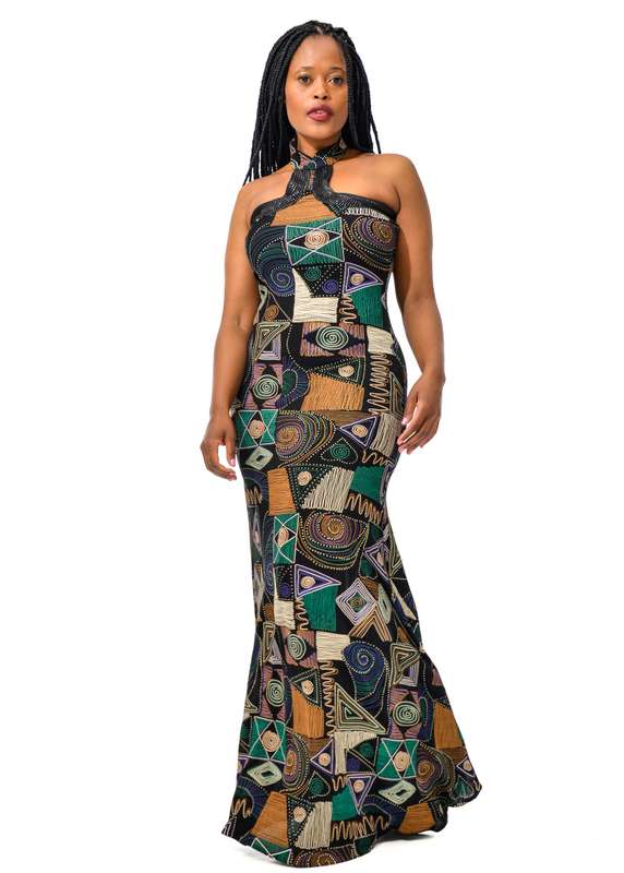 African Renaissance - Long Choker Neck Dress Turquoise - M