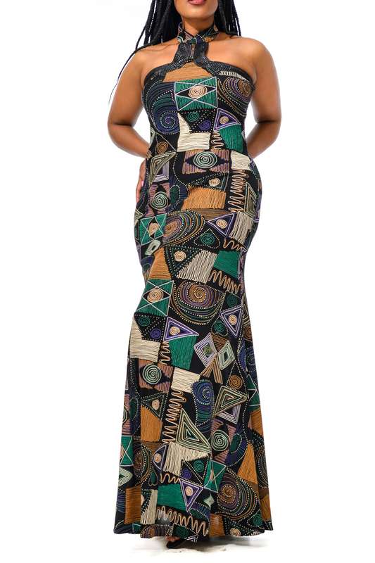 African Renaissance - Long Choker Neck Dress Turquoise - M