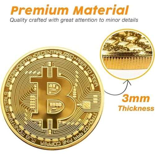 Bitcoin Commemorative Coin 24K Gold Plated, 3mm BTC Cryptocurrency, Collectible Coin with Protect...