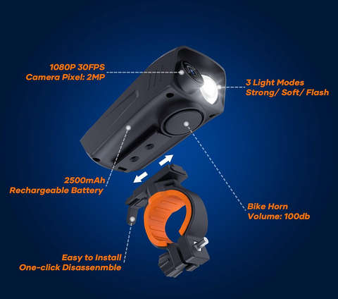 C3 Bike Camera, Bike Light, Electric Bike Horn 3 in 1, 1080P 30FPS Ultra HD Video, Waterproof IPX5, Action Camera