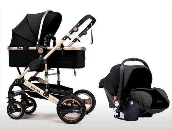 Baby Pram Stroller - 3 Function Foldable Baby Pram with Car Seat- Black & Gold Belecoo Brand