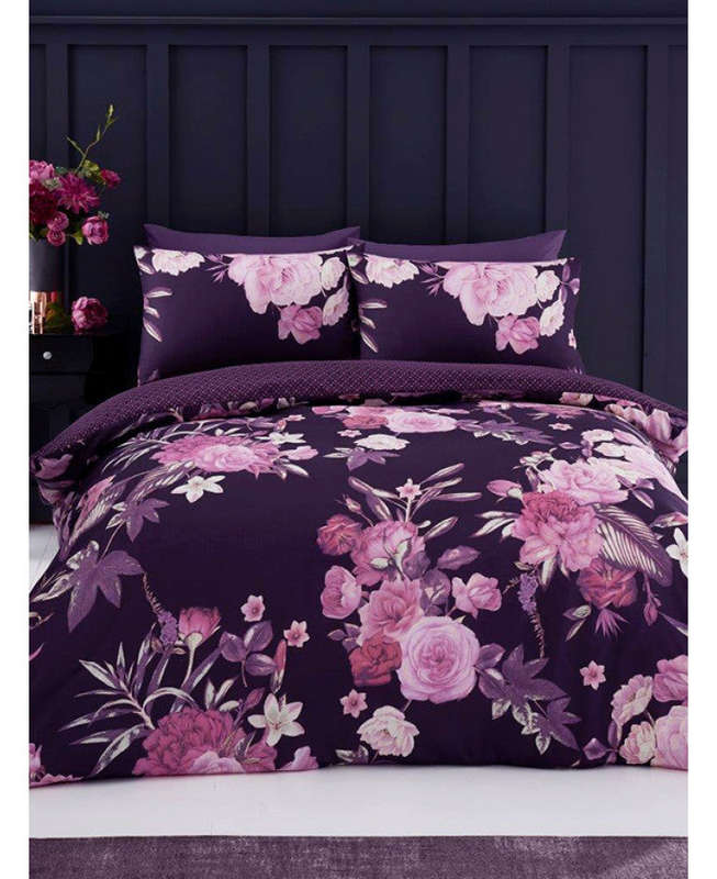 Flora Floral Duvet Cover And Pillowcase Set - Purple - King