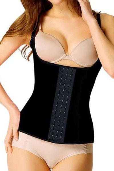 Black Steel Boned Latex Waist Trainer Vest - Black / XS