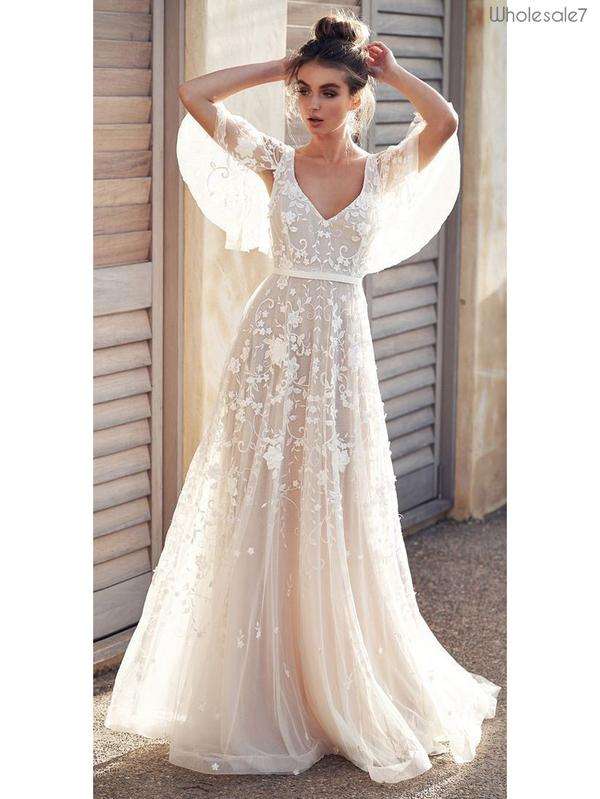 Goddess Lace V Neck Backless Long White Evening Dres - XL