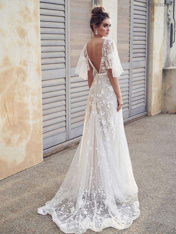 Goddess Lace V Neck Backless Long White Evening Dres - XL