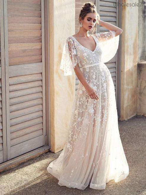 Goddess Lace V Neck Backless Long White Evening Dres - XL