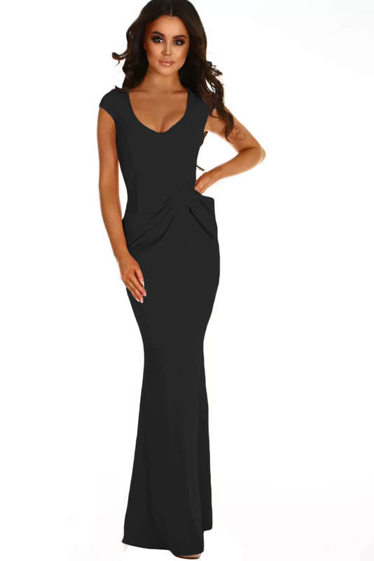 Black Ruched Waist Wedding Party Maxi Dress - Black / (US 16-18)XL