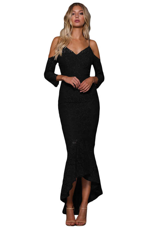 Black Lace Cold Shoulder Elegant Mermaid Party Dress - Black / (US 12-14)L
