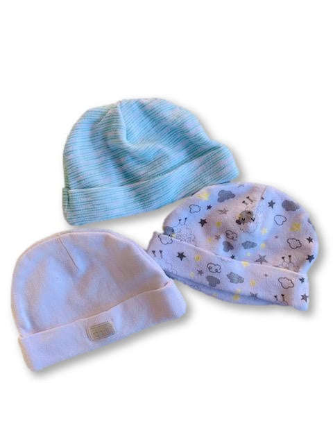 Tiny Baby White , Printed & Turquoise Beanies [x3]- Ackermans