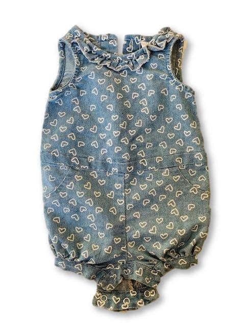 0-3 Months Denim Romper with White Printed Hearts - Jet