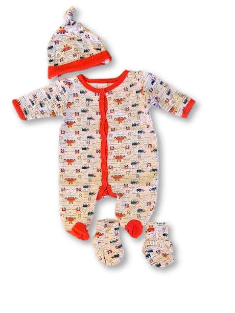 0-3 Months Long Sleeve Printed Red & Grey Babygrow With Booties & Beanie /Onesie - Mothers Choice