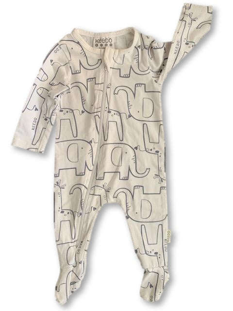 0-3 Months Long Sleeve Elephant Printed White Babygrow /Onesie - Keedo