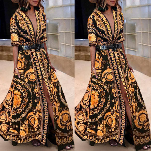 Print Low-cut Large Hem Dresses - M / Yellow