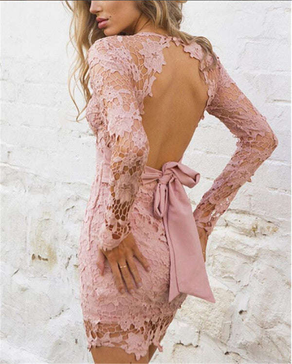 Deep V Neck Backless Lace Pencil Dress - M / Black
