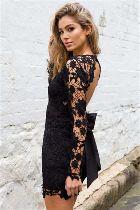 Deep V Neck Backless Lace Pencil Dress - M / Black