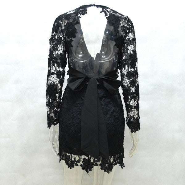 Deep V Neck Backless Lace Pencil Dress - M / Black