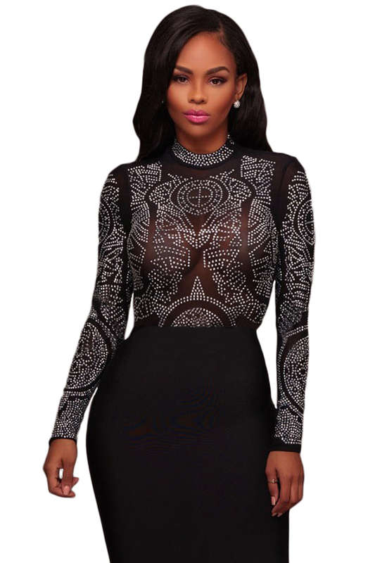 Black Mesh Rhinestone Embellished Bodysuit - Black / (US 4-6)S
