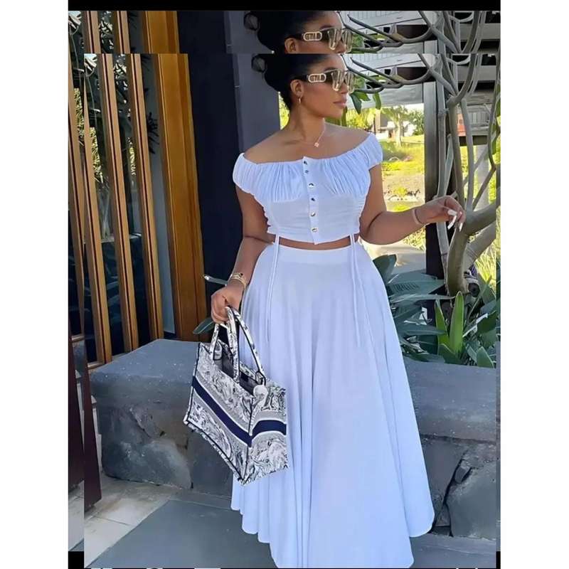 Off Shoulder Front Button Top and Skirt.