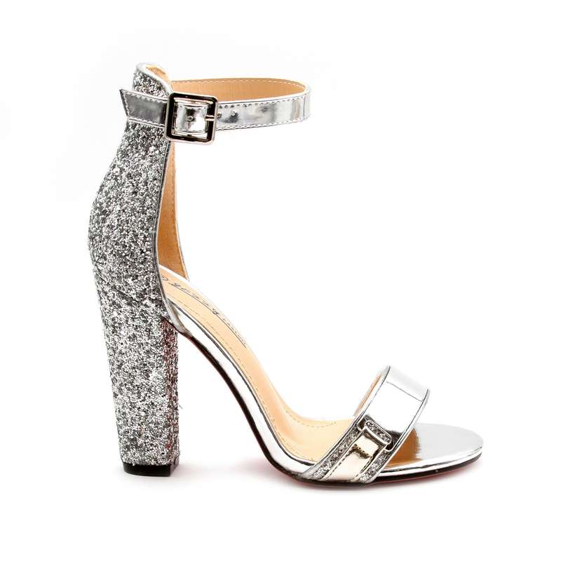 Glitter Ankle Strap Heel Sandal.