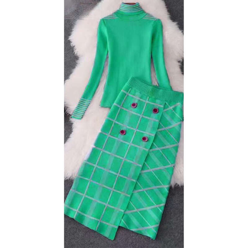 Turtleneck Top and Button Skirt Set