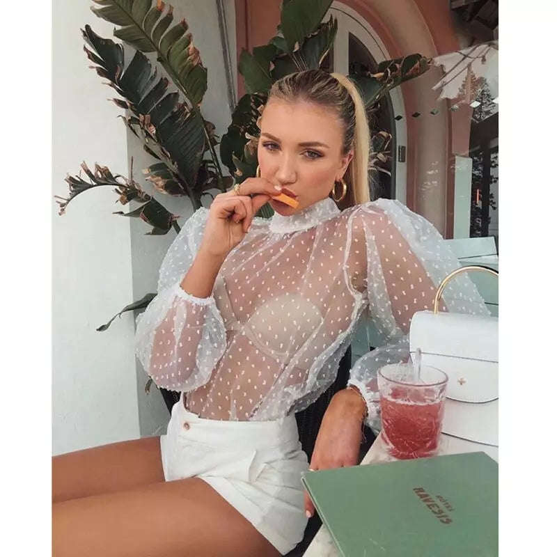 Dotted Mesh See-Through Blouse 