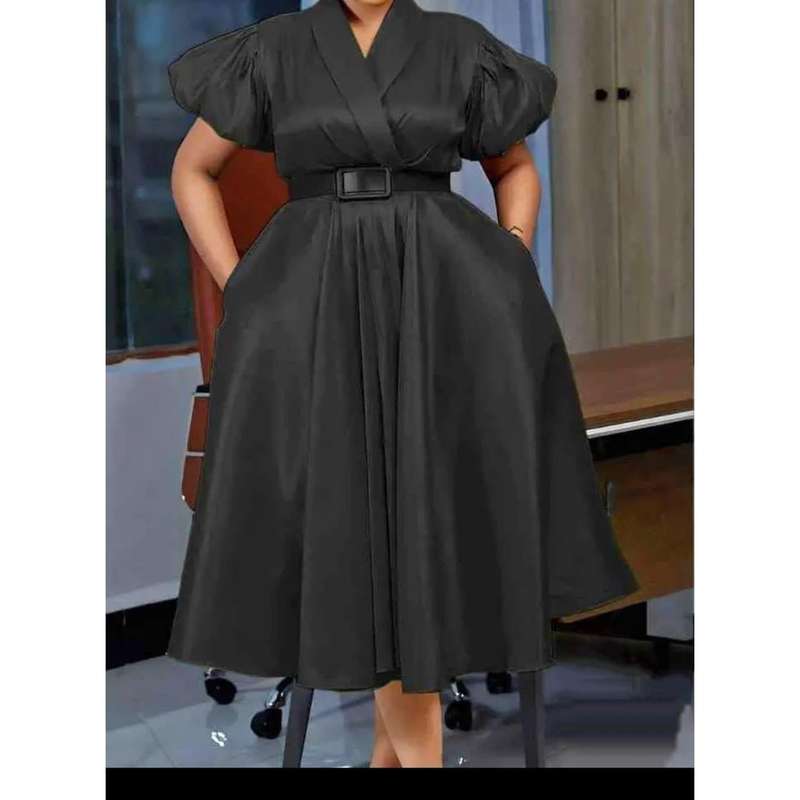 Formal Elegant Overlap Collar A-line Midi Dress.