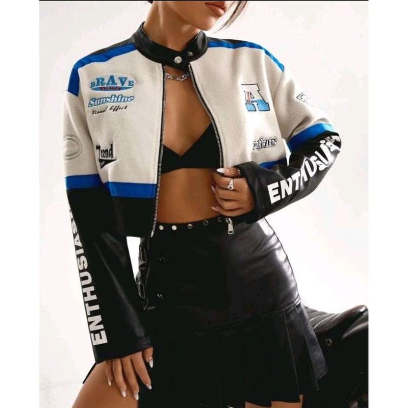 Leather Graphic Colourblock Crop Jacket.
